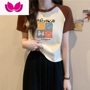 七斓欧货短袖插肩T恤女夏季2023年新款宽松显瘦拼接撞色短款半袖上衣