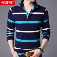 恒源祥纯棉翻领长袖t恤男2025秋冬新款韩版男士条纹t恤打底衫男装