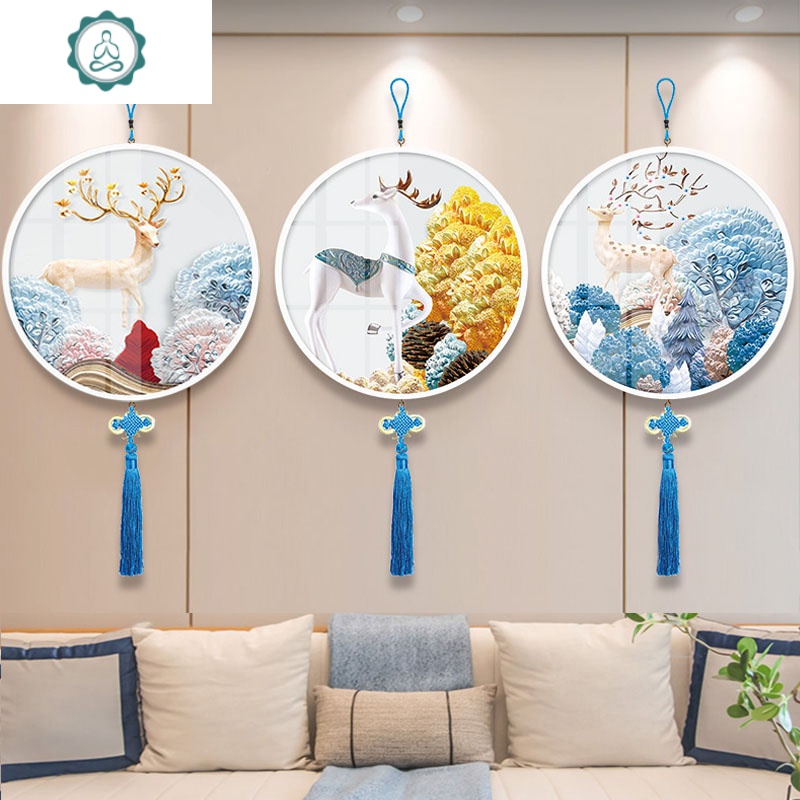 框家用三联线绣自己绣2020小幅画 封后 半绣[37*37cm]绣鹿和树 3个框