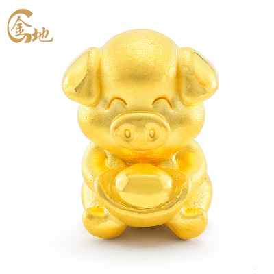 金地珠宝 3d硬金金猪抱财黄金手串 可爱生肖猪红绳手串 男女情侣款