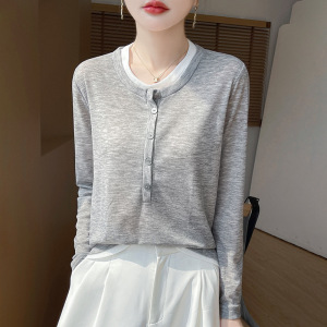薄款假两件圆领长袖打底2025春季新款百搭女毛衣外穿防晒T恤宽松
