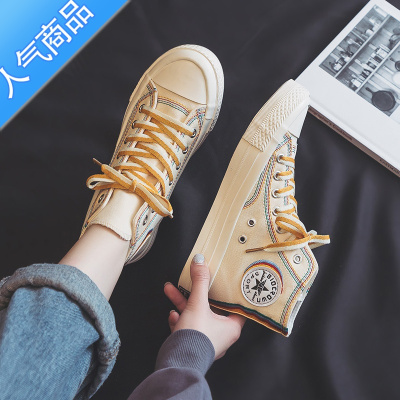 SUNTEK高帮帆布鞋女ulzzang百搭2023年春季新款韩版米色板鞋ins潮鞋