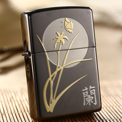 美国ZIPPO打火机芝宝黑冰镀金雕刻150MPZIPPO四君子之竹节节高菊