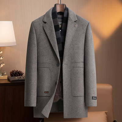 高端含羊绒羊毛双面呢大衣男士秋冬新款脱卸围巾鹅绒马甲羊绒外套_1