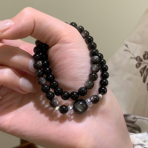 天然黑曜石白水晶手串女款转运珠双圈猫眼银耀石手链情侣礼物送女朋友老婆情人节七夕生日礼物