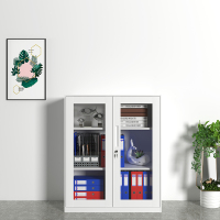 初嘉WJGT-024钢制文件柜窄边资料柜拆装档案柜带锁储物柜纯白对开门玻璃矮柜