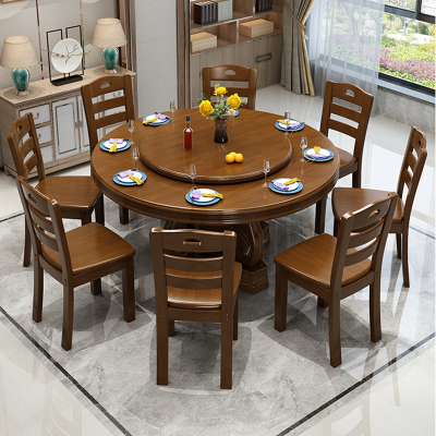 全实木餐桌带转盘圆形饭桌大圆桌子8人10人家用经济型餐桌椅组合