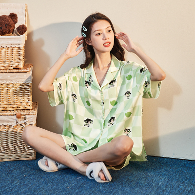[3件8.5折127.4元,叠加优惠券]唐狮夏新款睡衣女棋盘格冰丝短袖开衫两套遛弯可外穿家居服