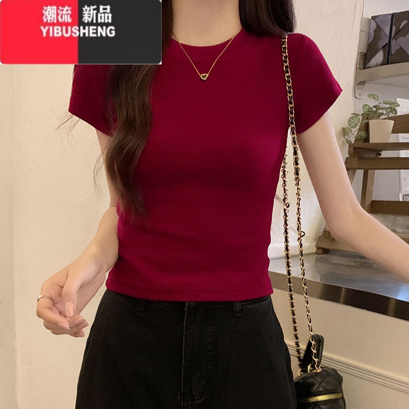 YIBUSHENG酒红色洋气复古正肩短袖t恤女季紧身显瘦针织半袖修身短款上衣
