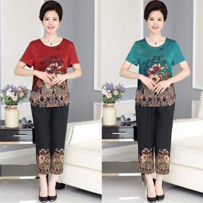 妈妈夏装套装短袖2021新款中年50岁时尚中老年人女夏季洋气两件套