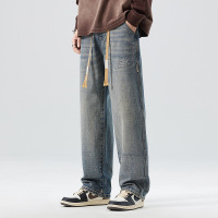 重磅牛仔裤男式直筒青春流行百搭休闲裤复古做旧街头阔腿裤