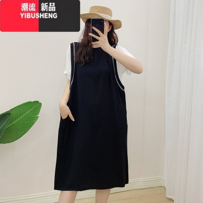 YIBUSHENG棉绸连衣裙女季薄款韩版慵懒风圆领短袖中长裙显瘦遮肚人造棉裙