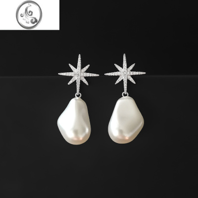 JiMi六芒星耳钉巴洛克不规则珍珠耳环女流星双耳饰银个性气质