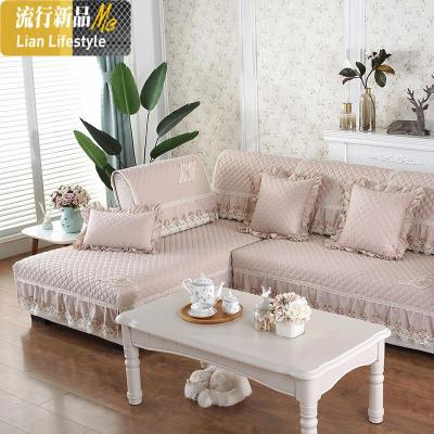 法式防滑棉沙发垫四季通用布料面料夹棉防滑木耳边带硅胶双面 三维工匠 简爱-淡粉 80*160+15cm花边