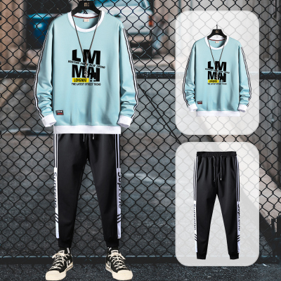 狮臣SHICHEN2020年秋季新款男士套装长袖卫衣套装男圆领两件套韩版潮流青少年休闲运动套装男卫衣套装男装TZ2726湖蓝色L