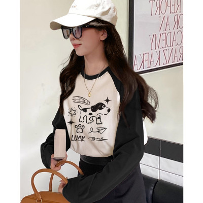 [1折价29.9元,叠加优惠券]春季女圆子拼接前胸图案长袖T恤百搭减龄学院风