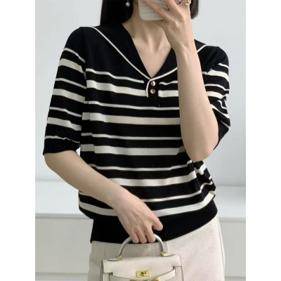 时尚设计感条纹针织衫海军风2025春夏休闲翻领长袖打底衫上衣潮