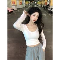 秋季新款纯欲风辣妹大U领显瘦修身短款白色长袖T恤上衣女装潮
