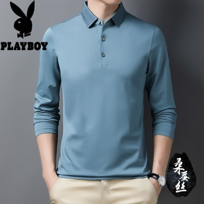 花花公子品牌秋装含桑蚕丝长袖男士t恤商务休闲中青年男装体恤衣服2024新款