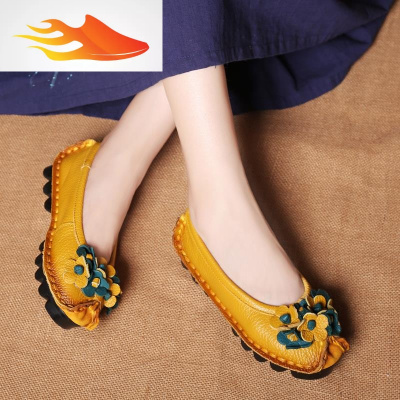 FISHBASKET民族风妈妈鞋平底单鞋软底皮鞋女士平跟牛皮复古手工休闲女鞋