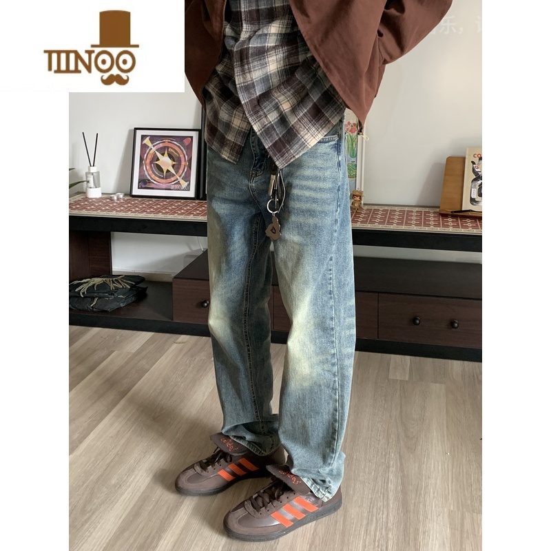 YANXUCOA 做旧水洗vintage直筒牛仔裤男女美式街头复古长裤