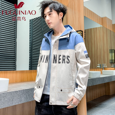 富贵鸟(FUGUINIAO)2021春装工装夹克外套情侣宽松连帽休闲拉链夹克衫男