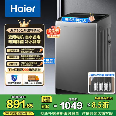 海尔(Haier)10公斤 变频 全自动 波轮洗衣机 1.0洗净比 纳米微泡净 除菌除螨 XQB100-BZ20B0