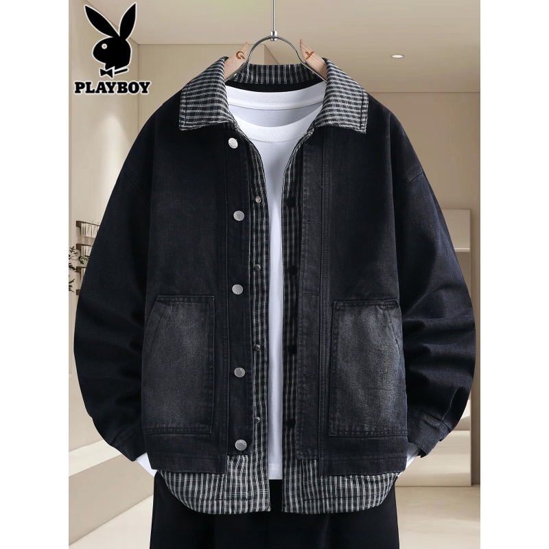 花花公子假两件牛仔外套男士秋季新款潮流拼接宽松痞帅格子夹克男