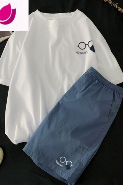 七斓日系设计感小众短袖T恤男套装痞帅青少年夏装体恤裤子套