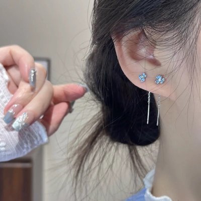 s925银蓝色鸢尾花耳线女简约清新气质流苏耳环高级感甜美百搭耳链送女朋友老婆情人节七夕生日礼物