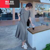 YIBUSHENG胖mm特大码300斤镂空短袖t恤裙女宽松休闲荷叶边长款过膝连衣裙