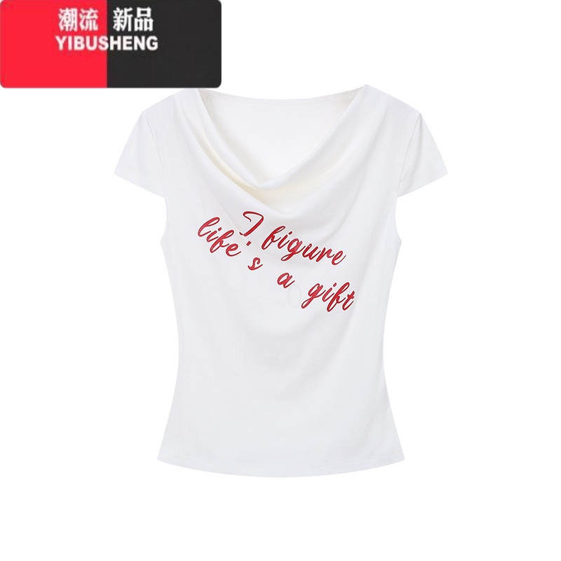 YIBUSHENG纯欲风辣妹字母印花一字肩T恤女季小心机露肩修身短款白色上衣