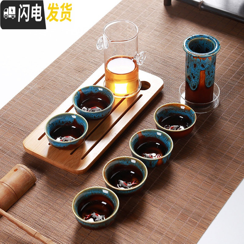 三维工匠功夫茶具套装陶瓷盖碗茶杯茶壶茶海整套茶具手绘青瓷家用 大号双耳茶具-窑变蓝