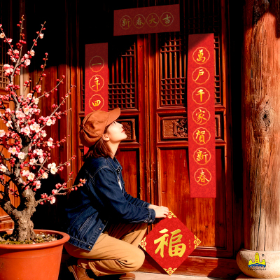 福人福地伴手礼过年家用春联新年装饰丝绸对联福字套装烫金高档创意新款礼品