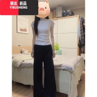 YIBUSHENG黑色正肩T恤女短袖修身2024新款收腰显瘦短款纯色美式紧身上衣薄