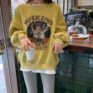 假两件加绒卫衣女网红秋冬新款宽松韩版卡通学生上衣女装