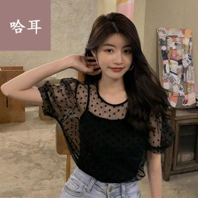 短袖衬衣寸衫女款半袖网纱泡泡短袖法式波点叠穿外搭设计感衬衫别致上衣女装2021新款夏