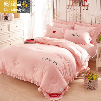 网红款水洗棉春秋被公主风空调被单双人被芯被褥薄被子被套荷叶边 三维工匠