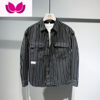 七斓风形长袖条纹衬衫男外套宽松上衣韩版潮流痞帅寸衫男士衬衣潮