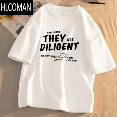 HLCOMAN夏季白色短袖t恤男士青少年简约潮流痞帅宽松学生半截袖印花体恤