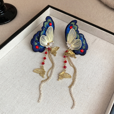 民族风刺绣蝴蝶流苏耳环轻奢高级感精致独特耳钉气质新款耳坠饰女送女朋友老婆情人节七夕生日礼物