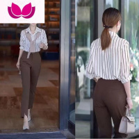 七斓时尚套装女2022年新款竖条纹领衬衫西装直筒裤休闲套