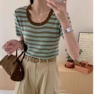 条纹短袖针织衫女夏季女装新款修身显瘦撞色韩版打底衫上衣INS潮