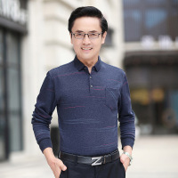 秋季真口袋商务休闲宽松版爸爸装长袖简约条纹T恤男中年polo衫_793