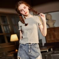 [1.5折价25元]唐狮短袖女夏上衣新款韩系时尚修身特殊领子纯色短袖恤上衣
