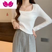 七斓卡其色方领春季上衣女新款长袖修身显瘦短款配大衣内搭T恤打底衫