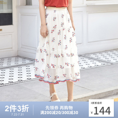 茵曼梨涡|复古文艺2021夏装新款松紧腰带绣花双层网纱半身裙仙气F1812361-