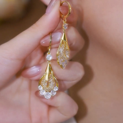 金丝气质网状镶钻时尚女王耳扣新款独特设计高级感女水滴耳环耳饰送女朋友老婆情人节七夕生日礼物