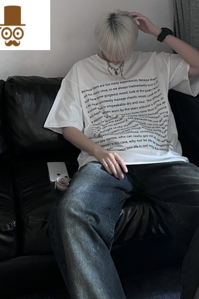 YANXU泰戈尔英文字母黑粉t恤320g精梳短袖男款美式正肩中半袖