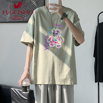 富贵鸟（FUGUINIAO）短袖T恤男装2021新款ins潮流港风宽松卡通印花加肥加大码体恤衫